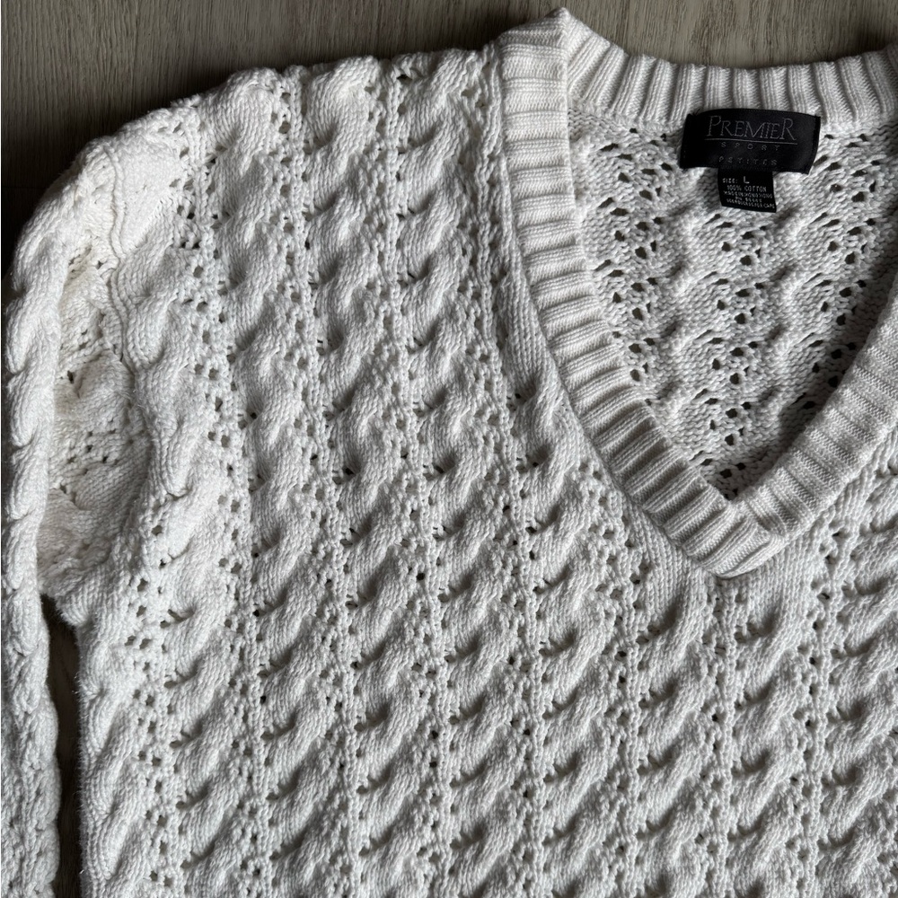 Vintage Premier Sport White Cotton Cable Knit Cottage Chunky V-Neck Sweater Lrg - Picture 5 of 9